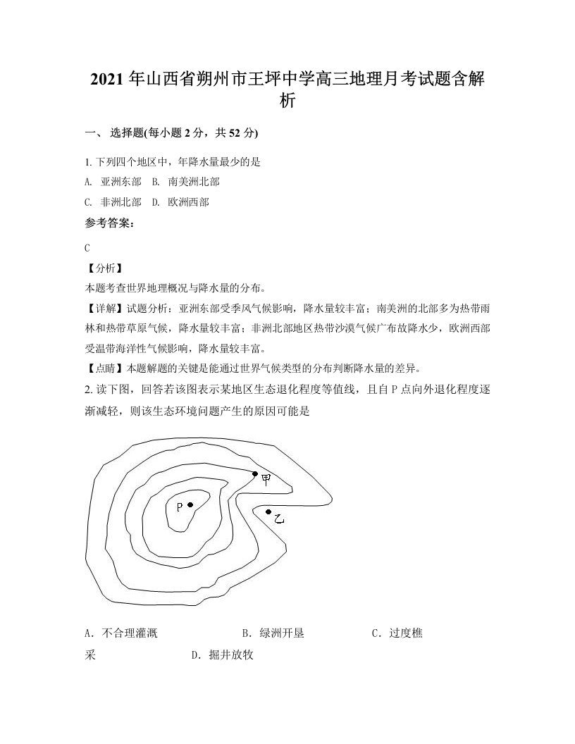 2021年山西省朔州市王坪中学高三地理月考试题含解析