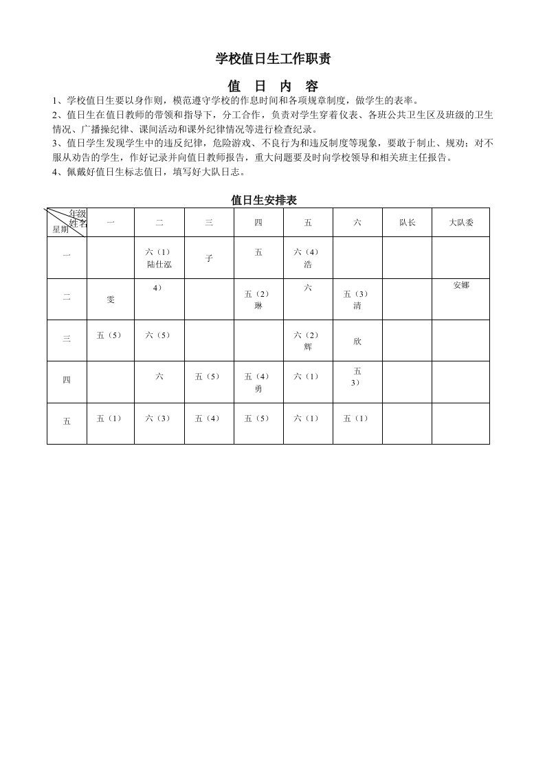 学校值日生工作职责