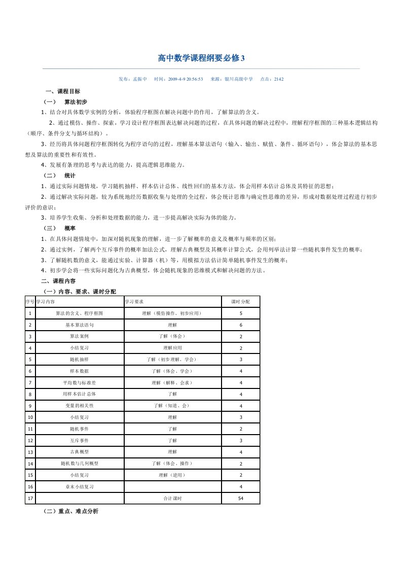 高中数学课程纲要必修