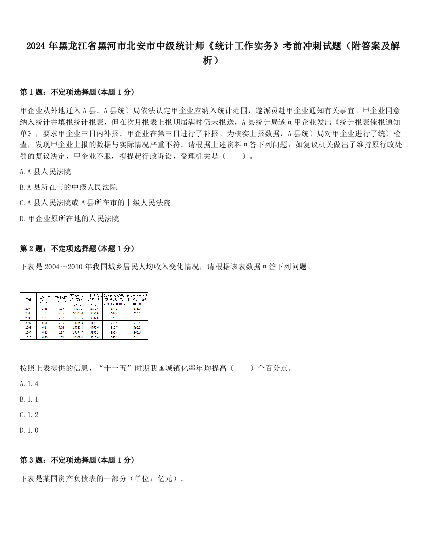 2024年黑龙江省黑河市北安市中级统计师《统计工作实务》考前冲刺试题（附答案及解析）