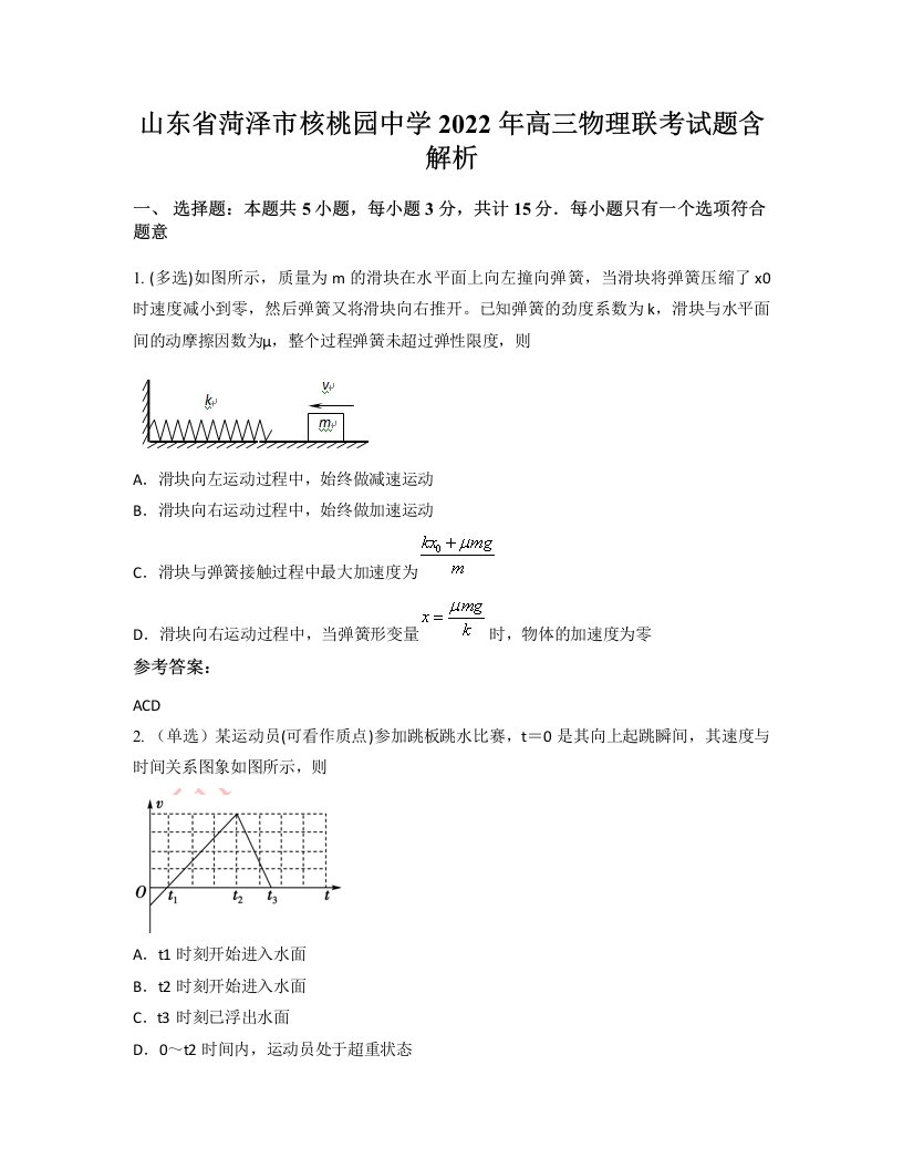 山东省菏泽市核桃园中学2022年高三物理联考试题含解析