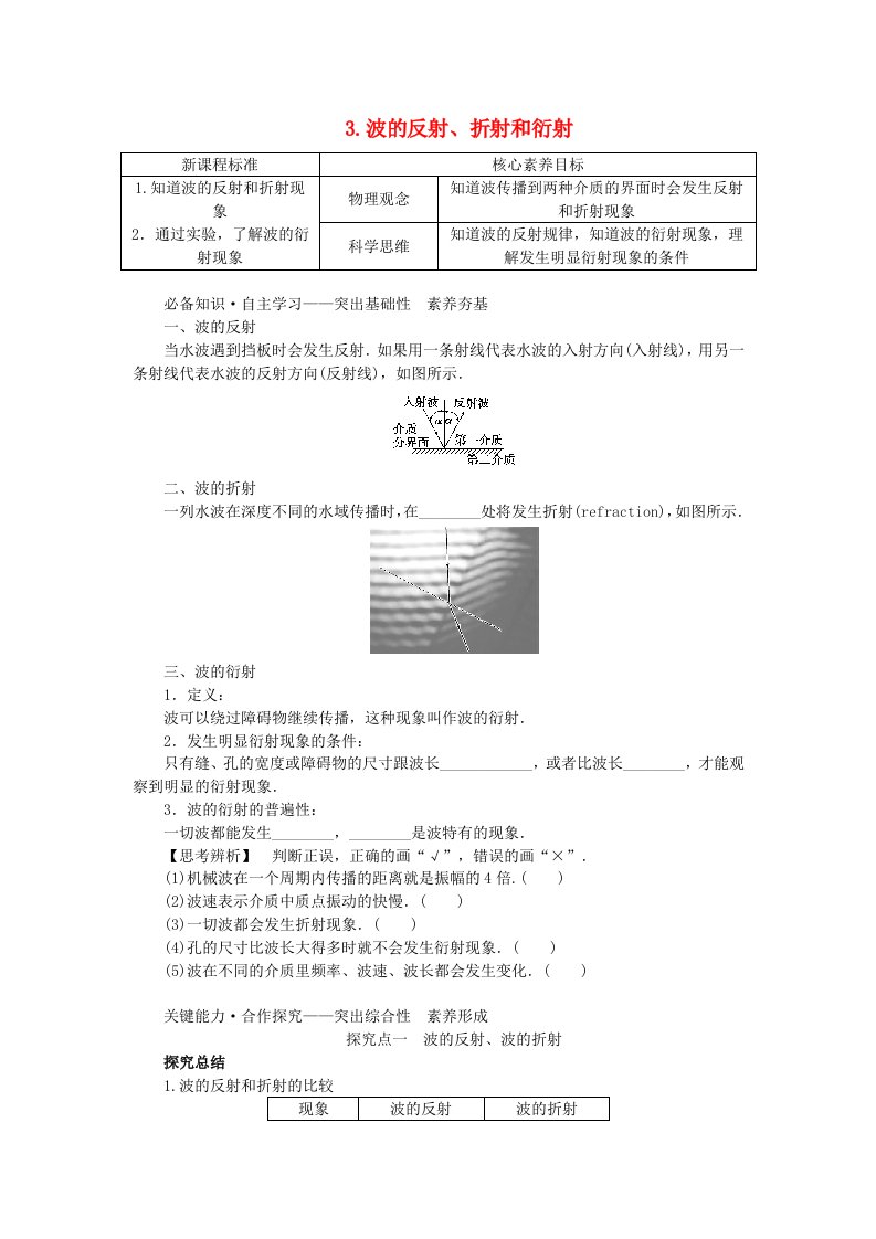 新教材2023版高中物理第三章机械波3.波的反射折射和衍射学生用书新人教版选择性必修第一册