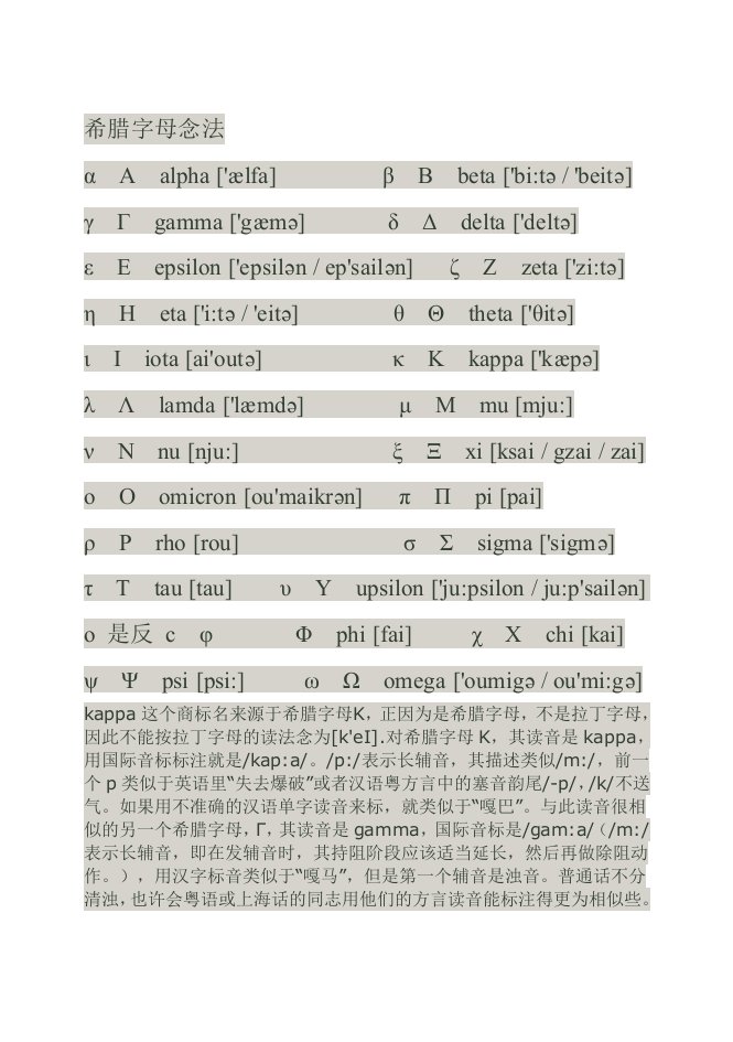 希腊字母写法与读法