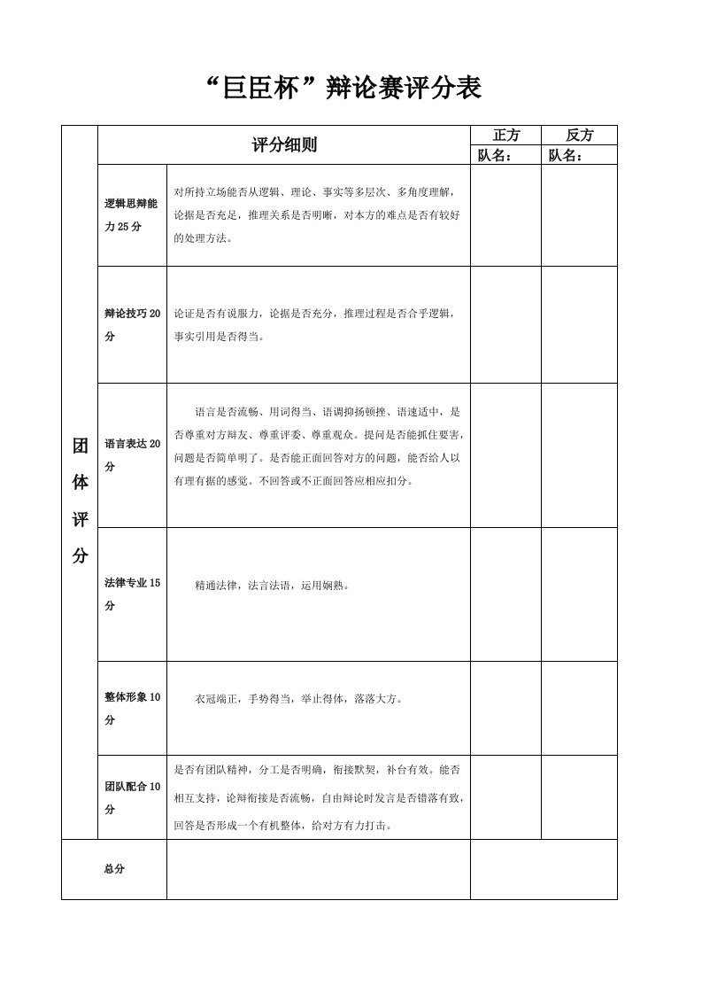 辩论赛评分标准细则及评分表