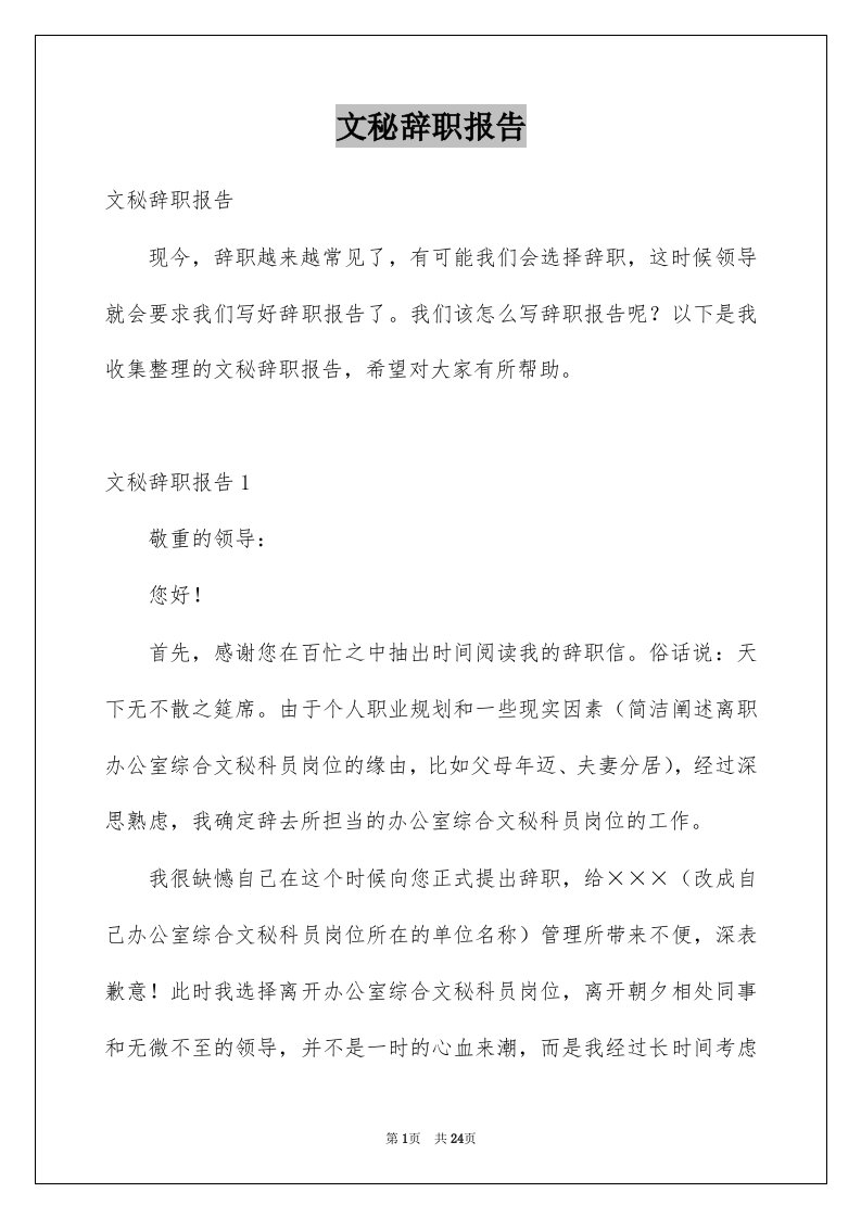 文秘辞职报告优质