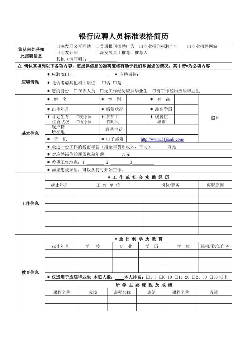 银行应聘人员标准表格简历