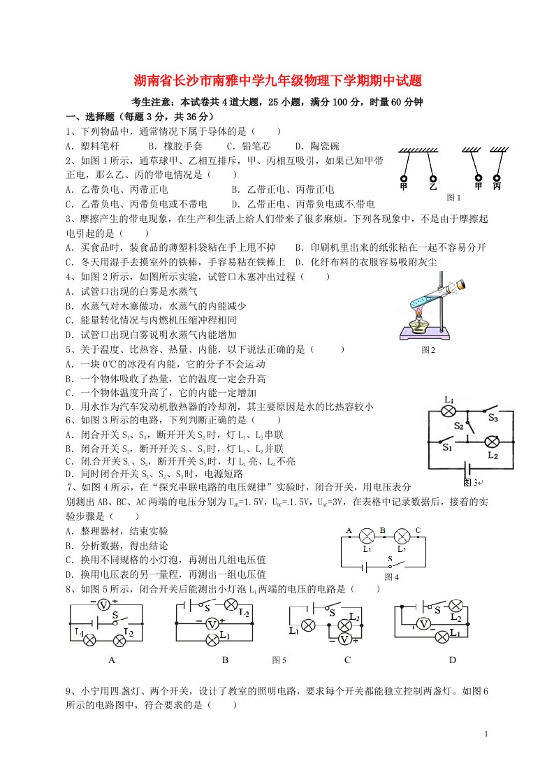 湖南省长沙市南雅中学九级物理下学期期中试题