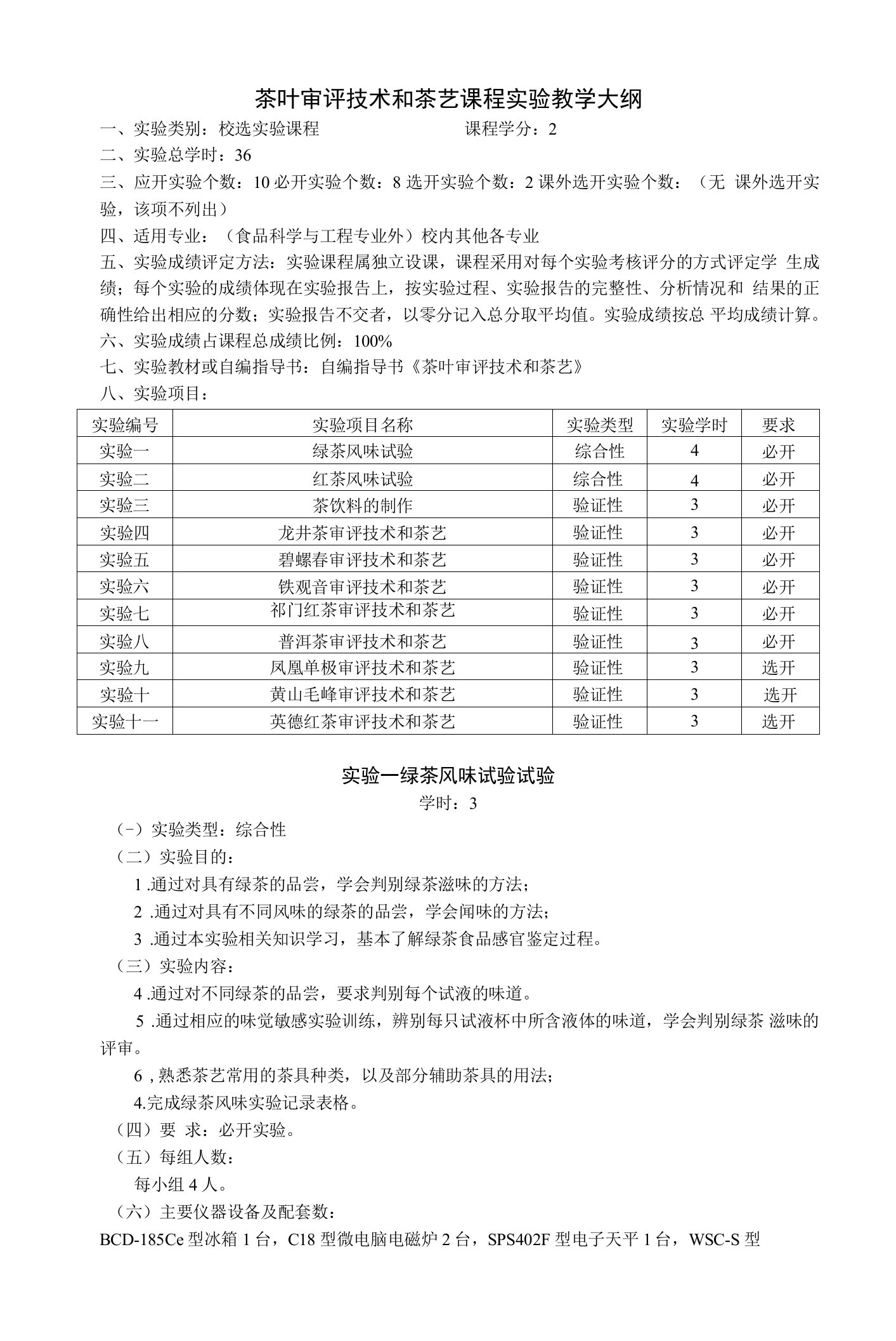 《茶叶审评技术和茶艺》课程教学大纲