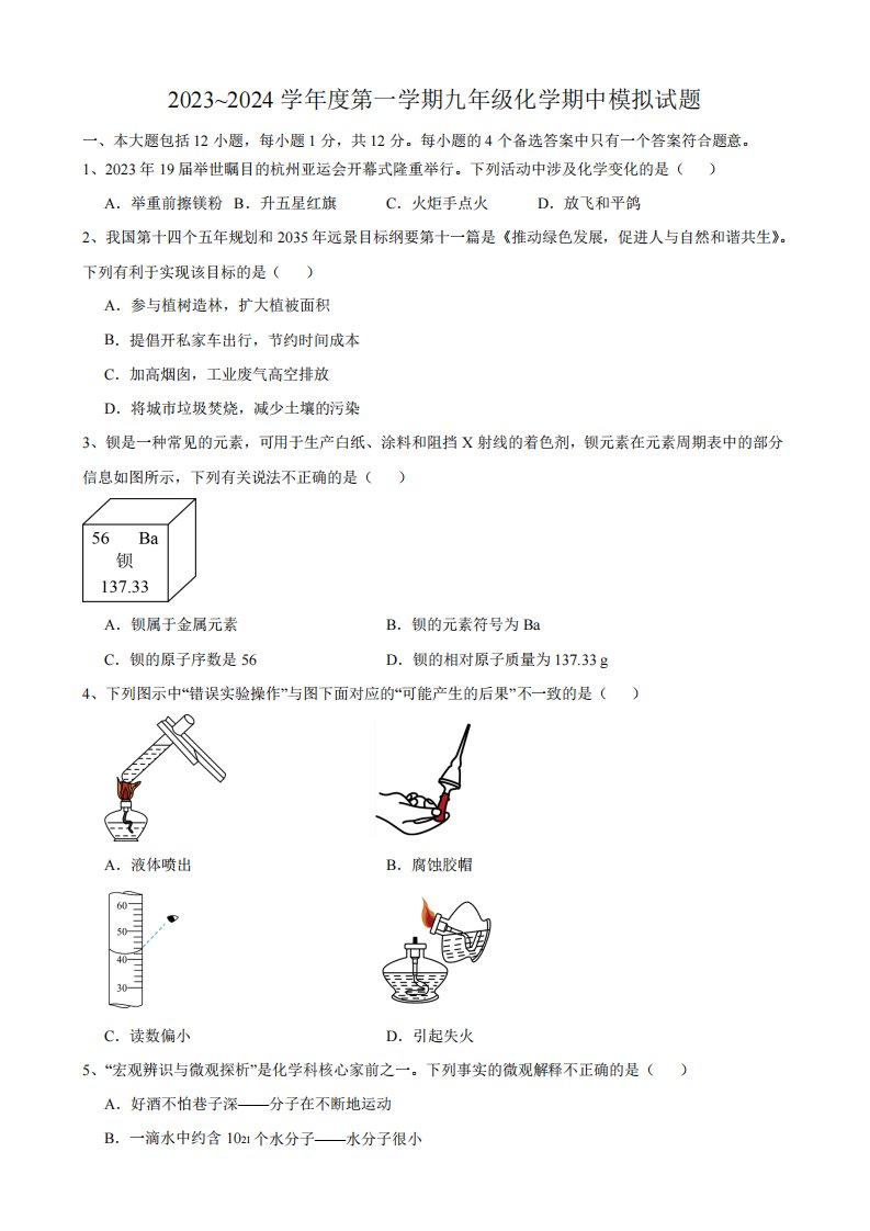 2024学年九年级上学期化学期中模拟试题(含答案)