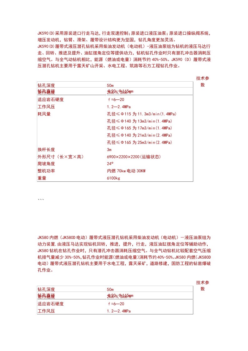 部分潜孔钻机型号与参数