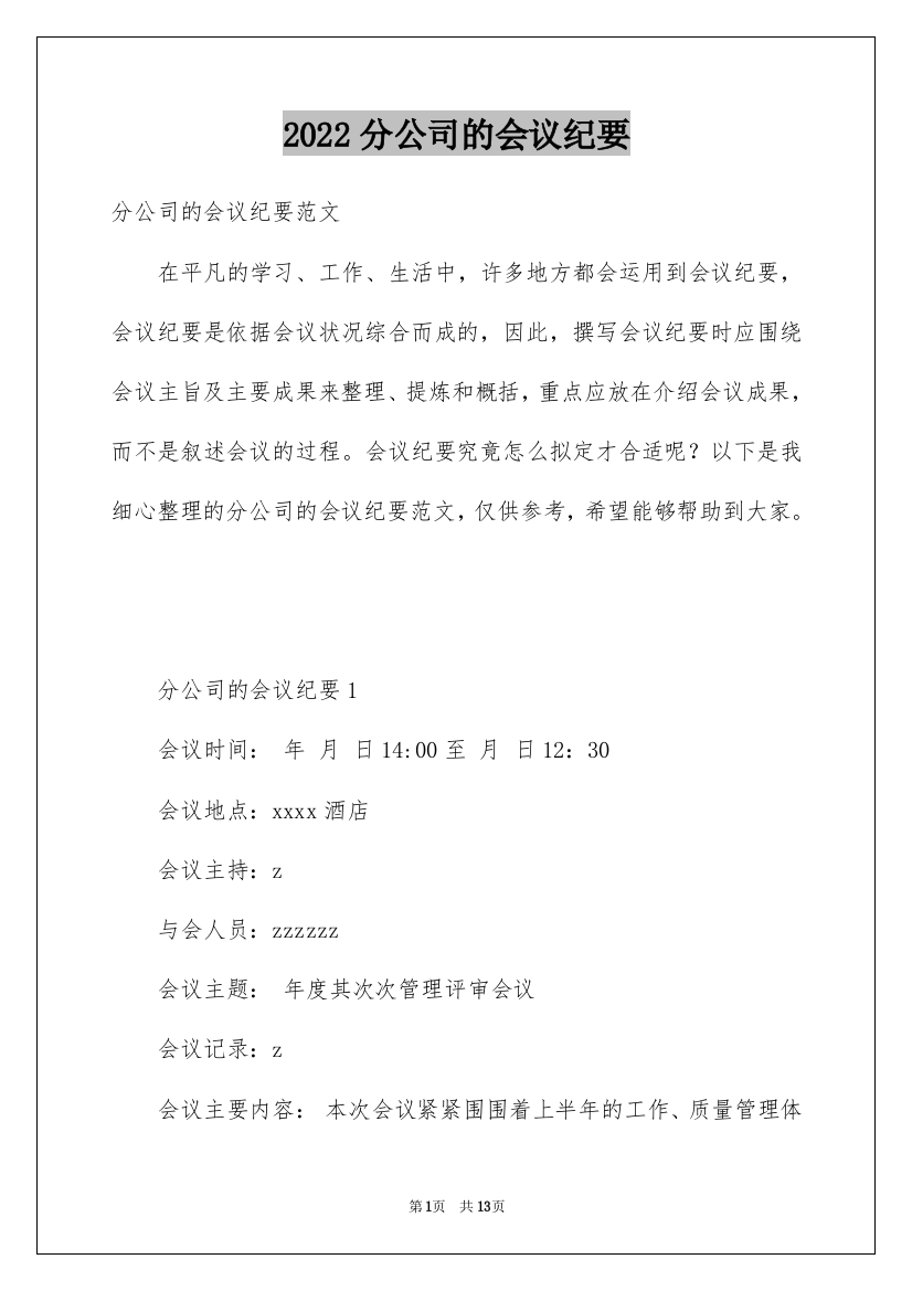 2022分公司的会议纪要