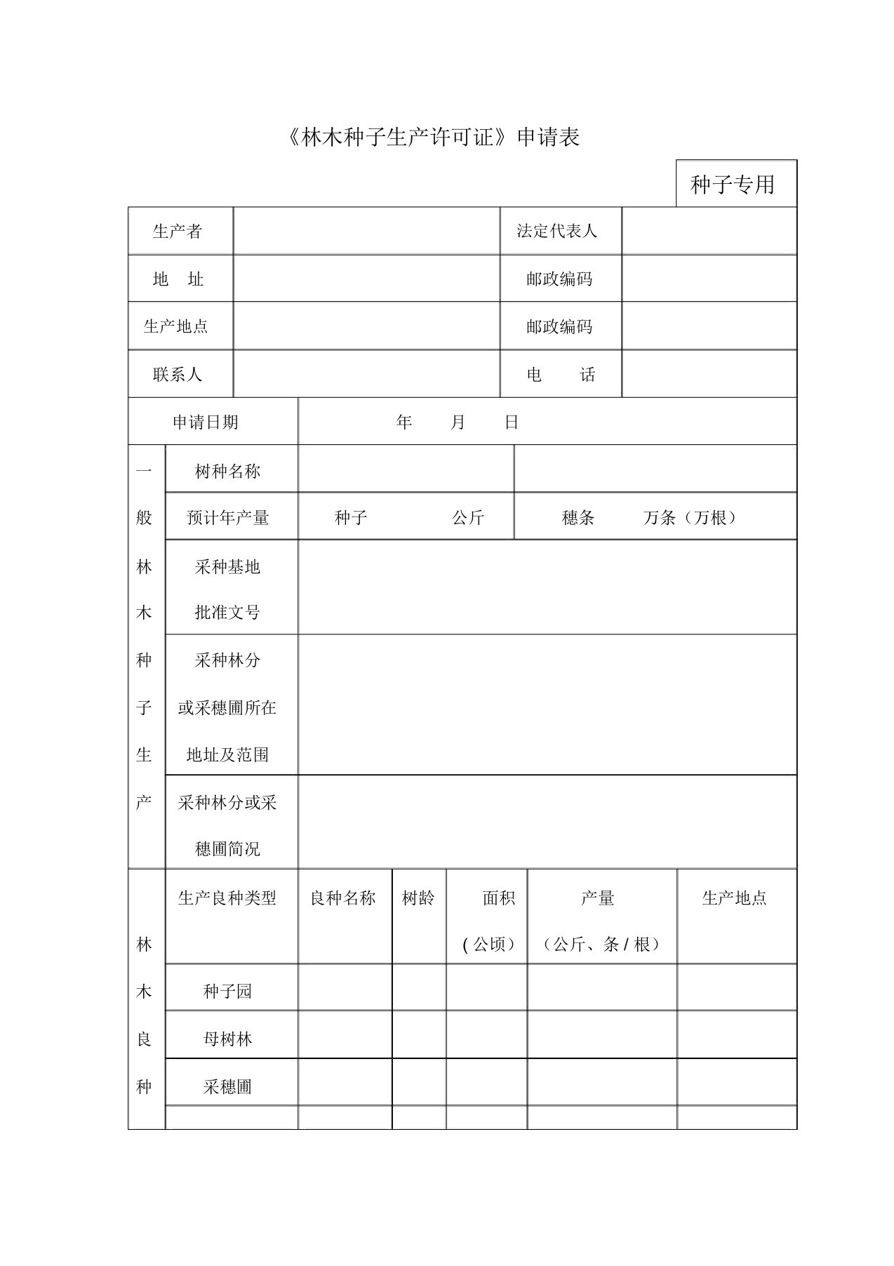 林木种子生产许可证申请表