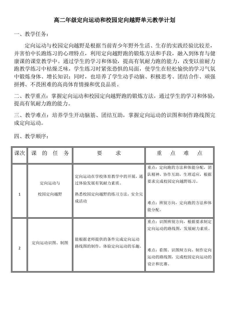 高二年级定向运动和校园定向越野单元教学计划