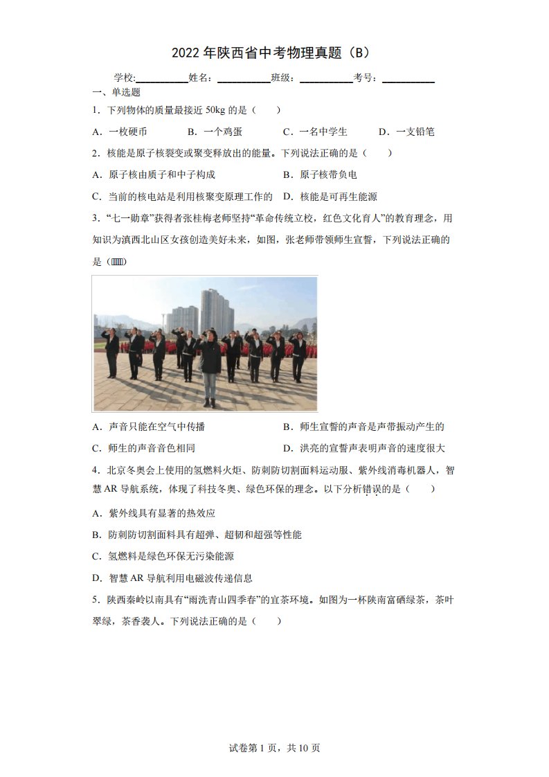 2022年陕西省中考物理真题(B)(含答案解析)