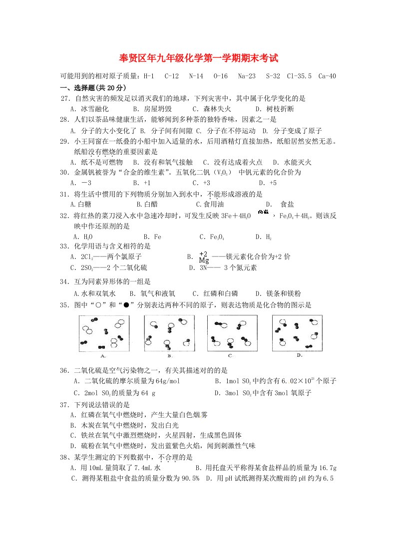 上海市奉贤区九年级化学第一学期期末考试试题上教版