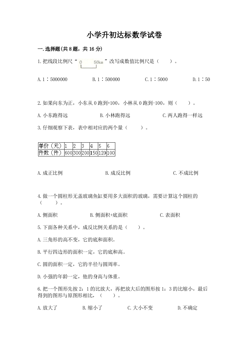 小学升初达标数学试卷附答案（培优a卷）