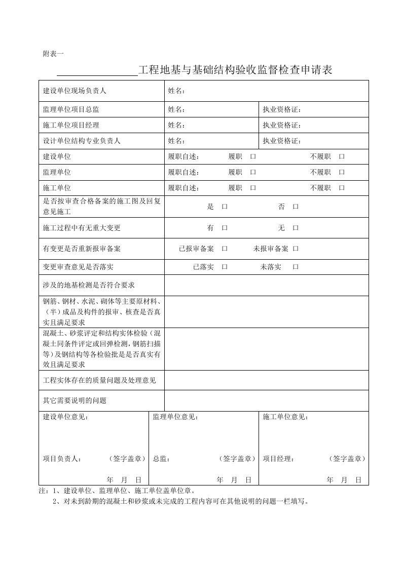 工程基础、主体结构验收监督检查申请表