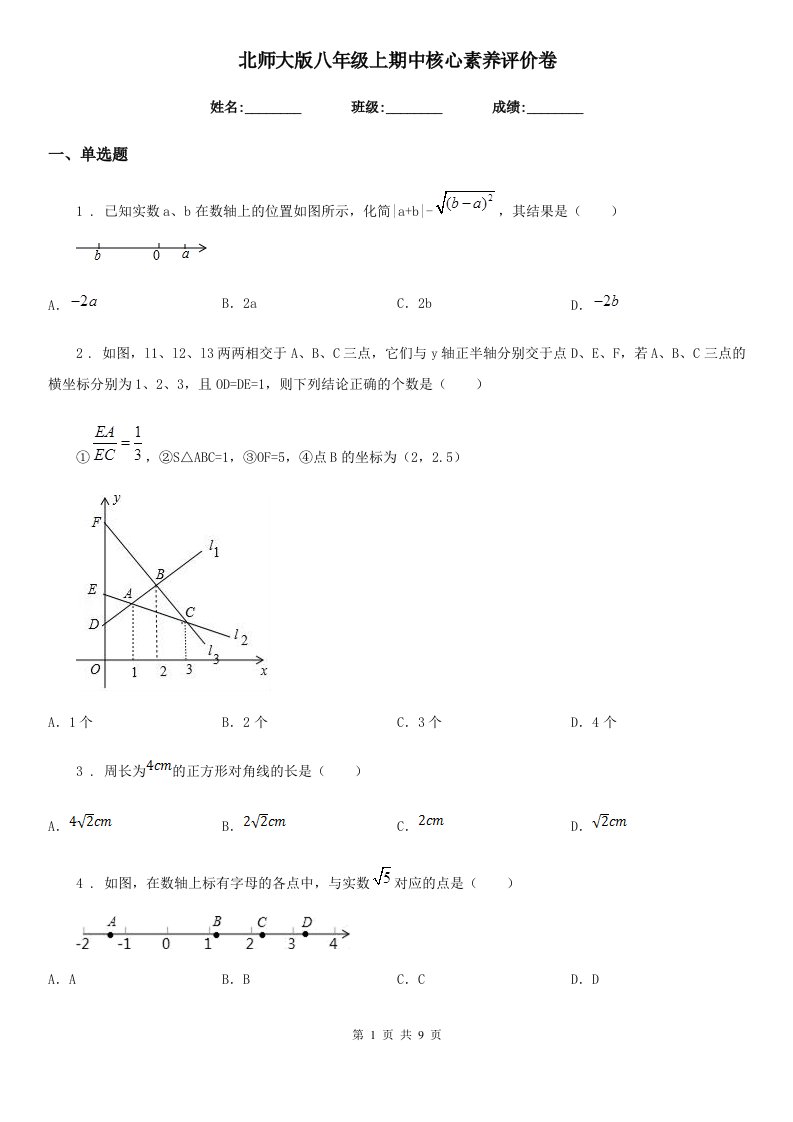 北师大版八年级数学上期中核心素养评价卷