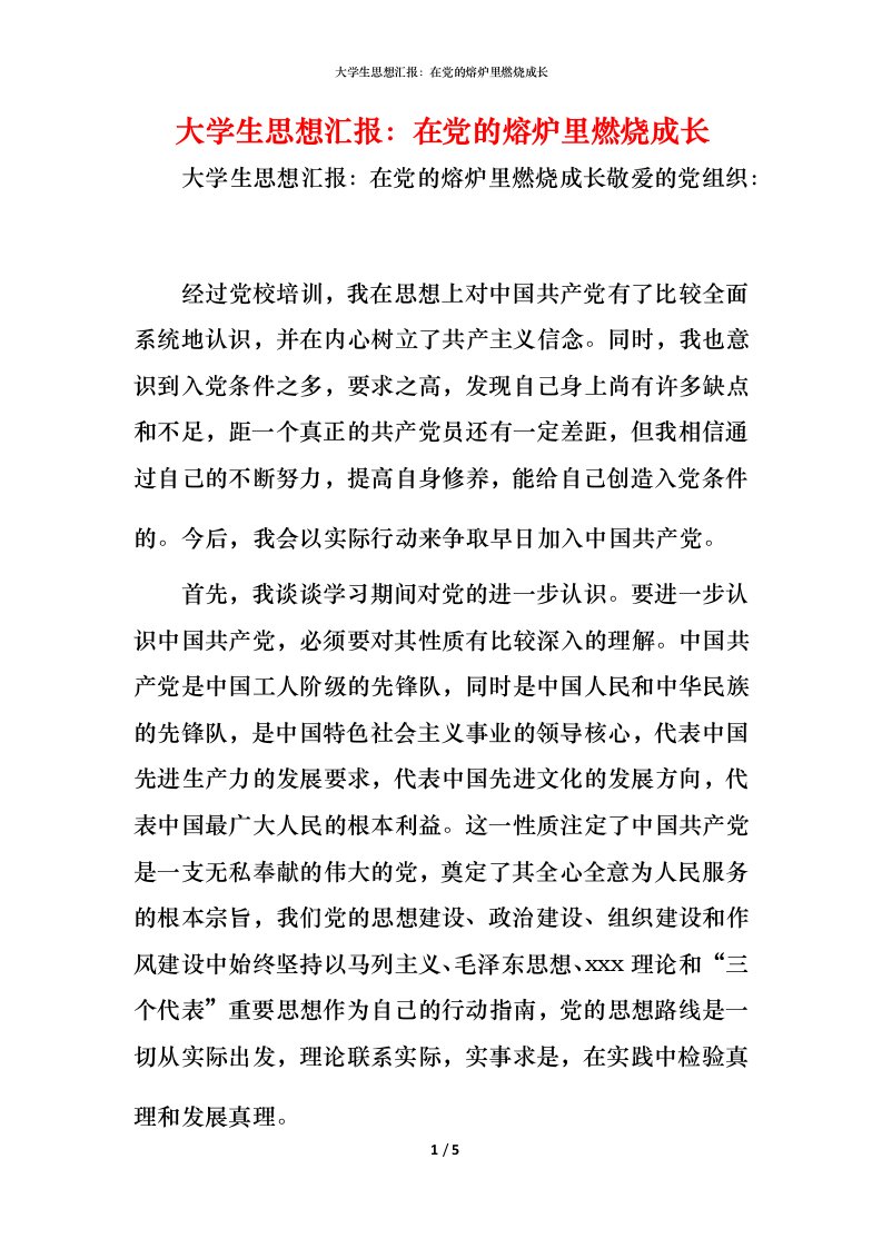 精编大学生思想汇报在党的熔炉里燃烧成长