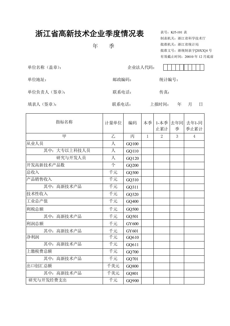 表格模板-浙江省高新技术企业季度情况表