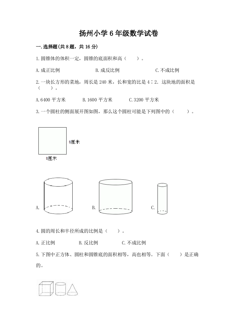 扬州小学6年级数学试卷有解析答案