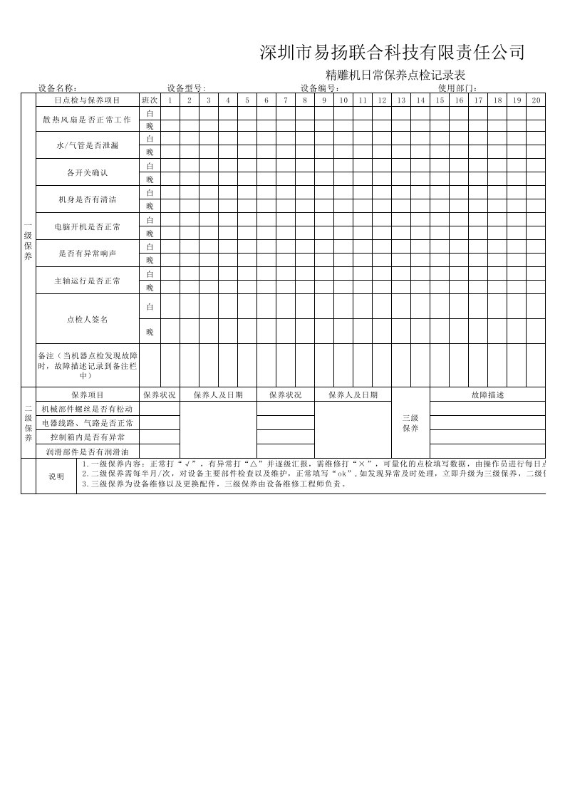 精雕机日常保养点检记录表