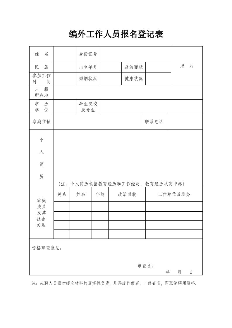 编外工作人员报名登记表