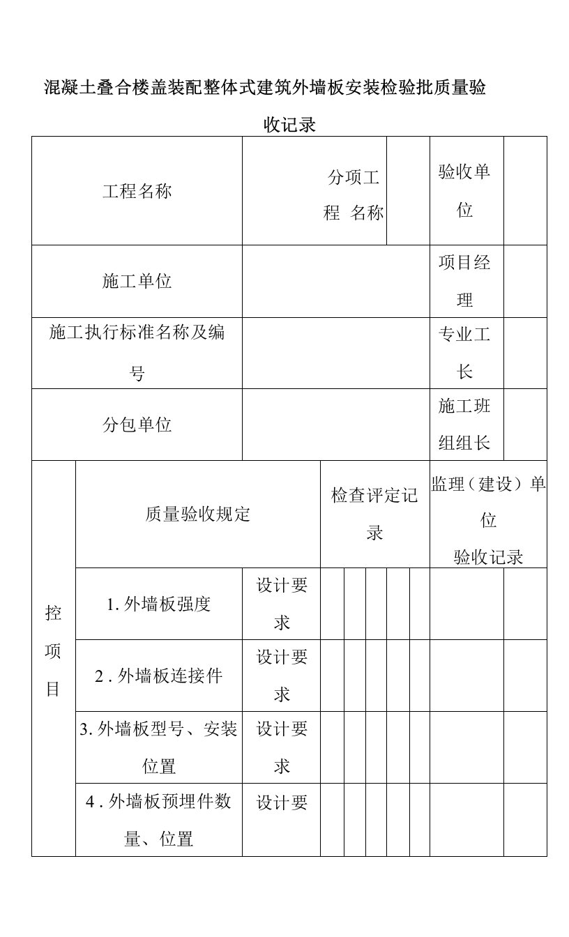 混凝土叠合楼盖装配整体式建筑外墙板安装检验批质量验收记录