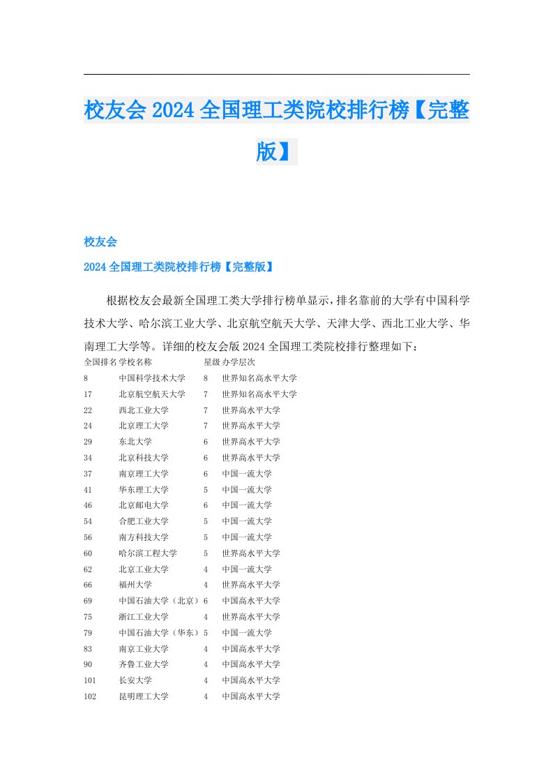 校友会2024全国理工类院校排行榜【完整版】