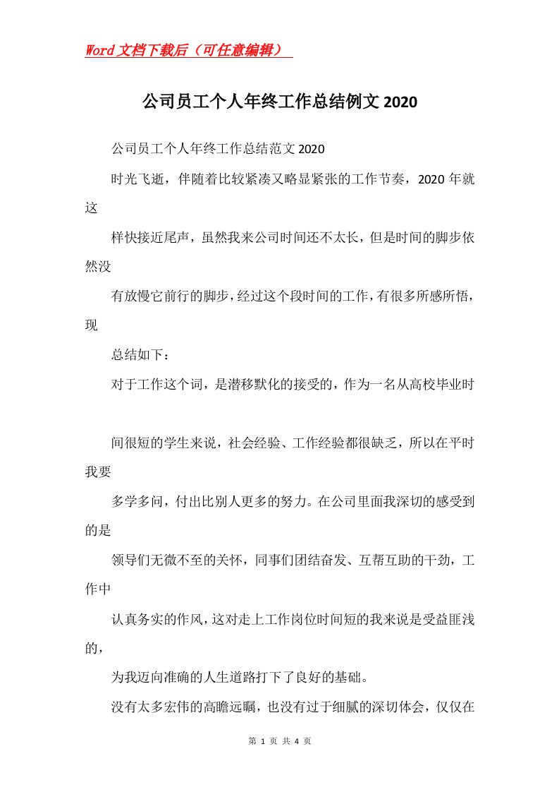 公司员工个人年终工作总结例文2020