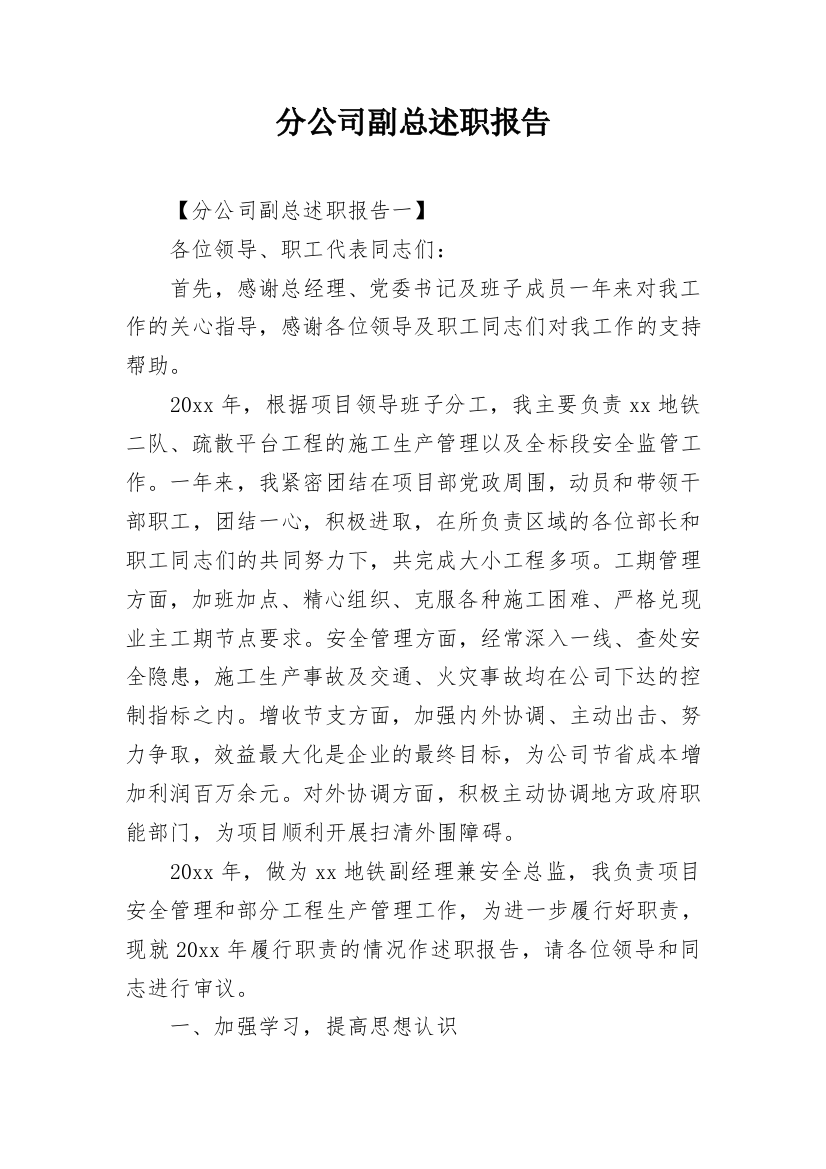 分公司副总述职报告