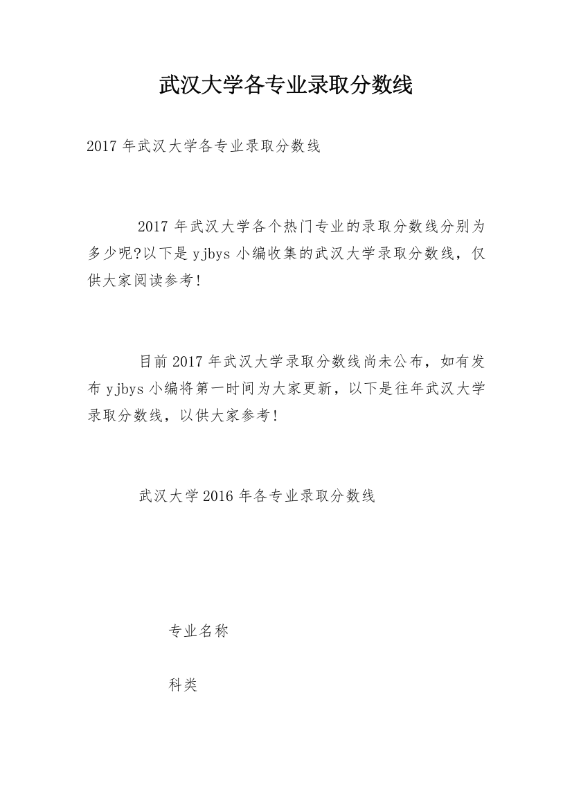 武汉大学各专业录取分数线