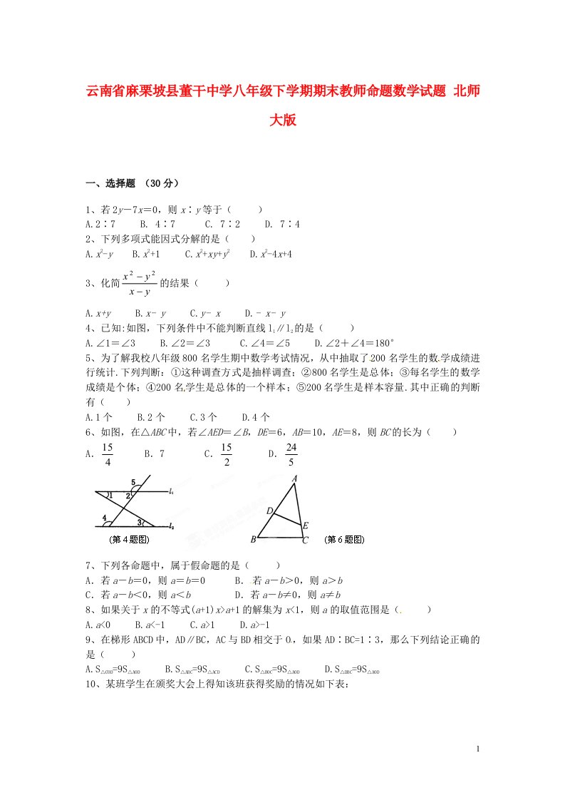 云南省麻栗坡县董干中学八级数学下学期期末教师命题试题1