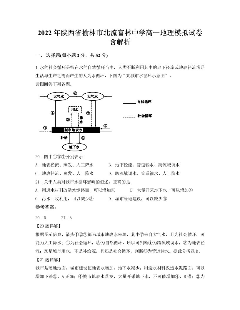 2022年陕西省榆林市北流富林中学高一地理模拟试卷含解析