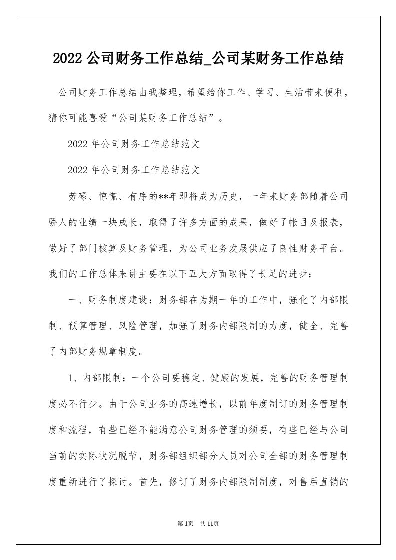 2022公司财务工作总结_公司某财务工作总结