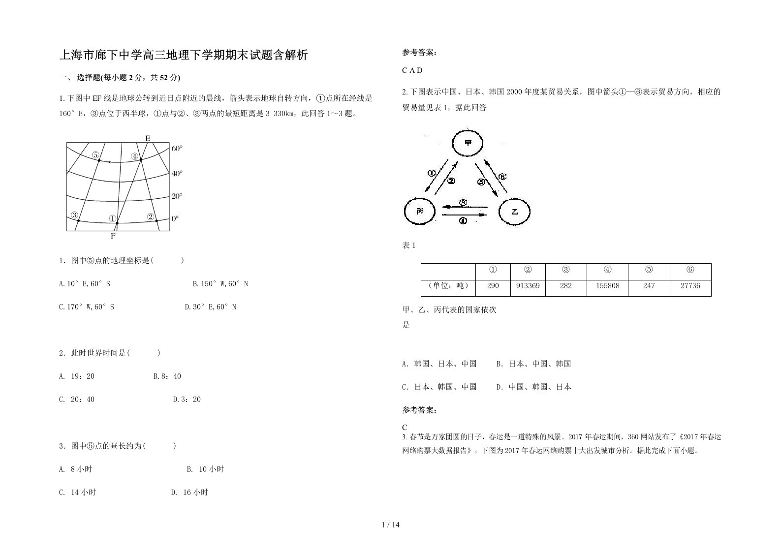 上海市廊下中学高三地理下学期期末试题含解析