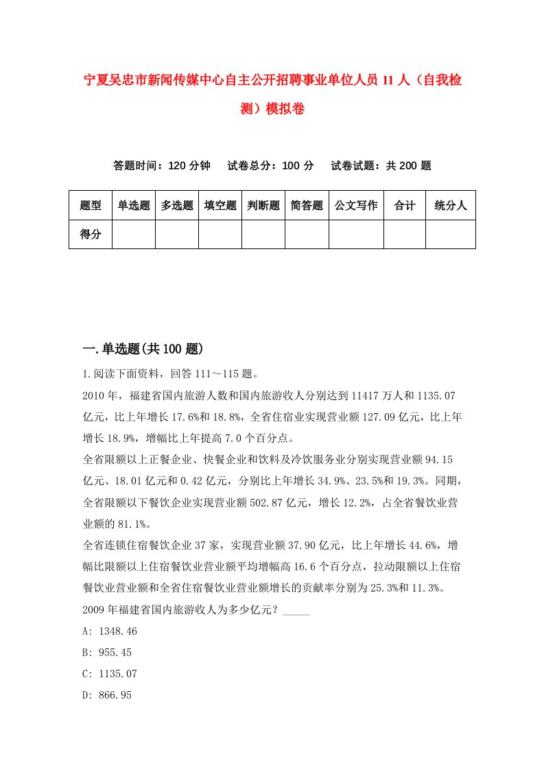 宁夏吴忠市新闻传媒中心自主公开招聘事业单位人员11人自我检测模拟卷第5期