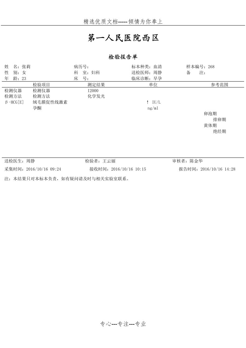 孕检化验单模板(共1页)