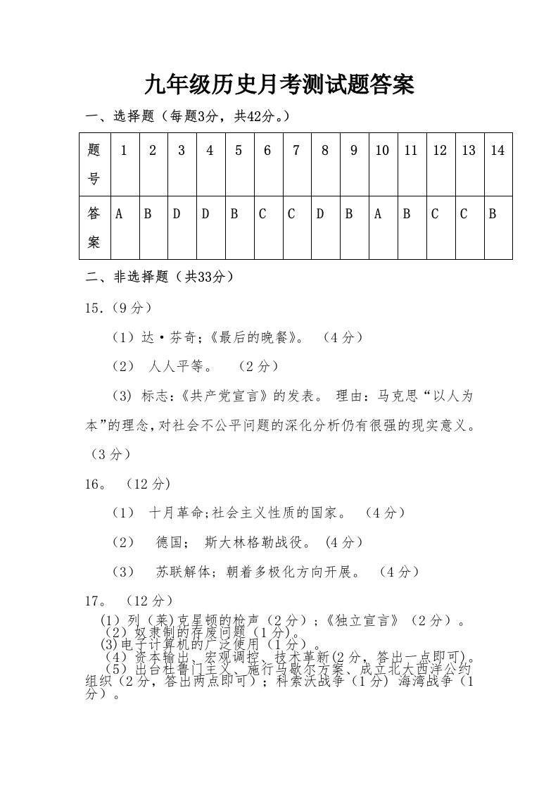 九年级历史月考测试题答案