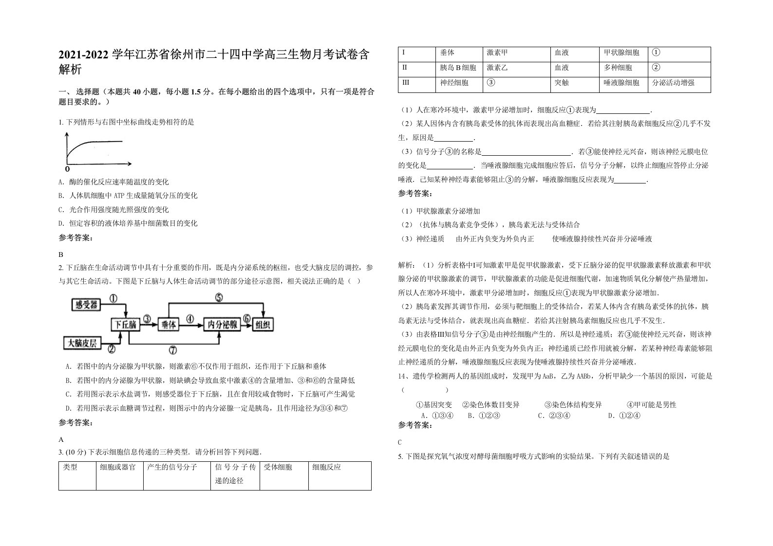 2021-2022学年江苏省徐州市二十四中学高三生物月考试卷含解析