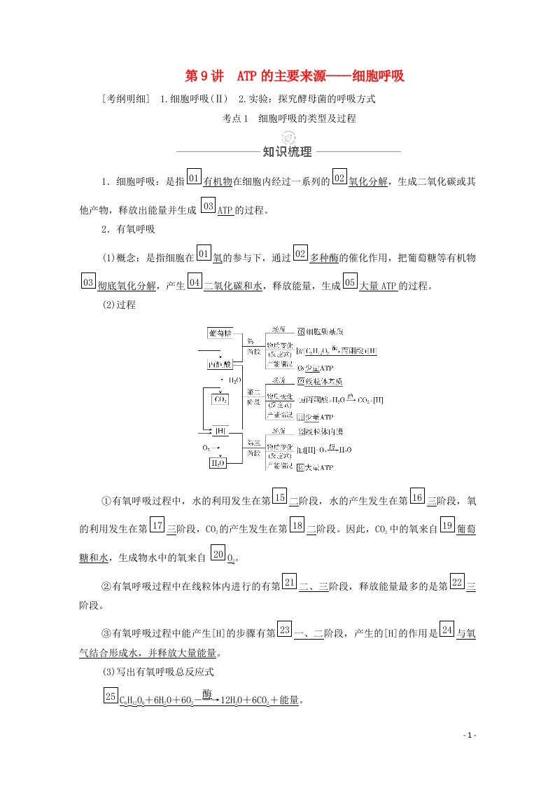 2021届高考生物一轮复习第3单元细胞的能量供应和利用第9讲ATP的主要来源__细胞呼吸教学案新人教版必修1