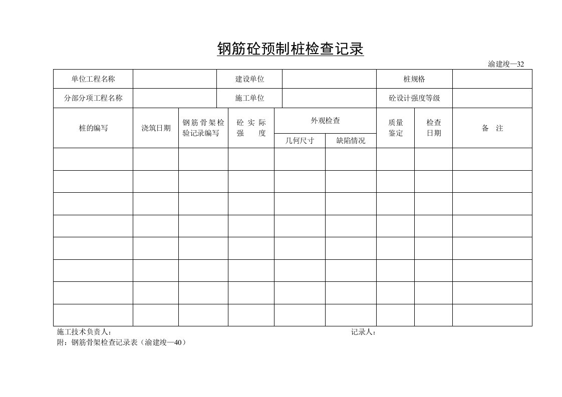 建筑资料-钢筋砼预制桩检查记录