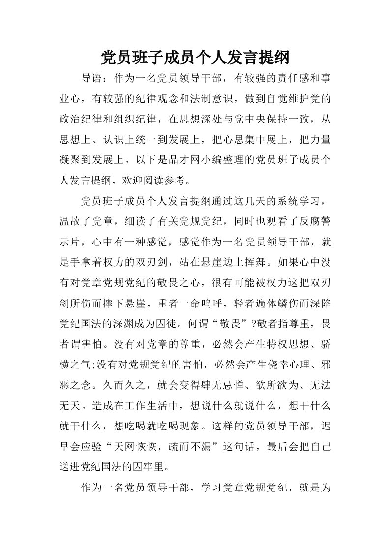 党员班子成员个人发言提纲.doc