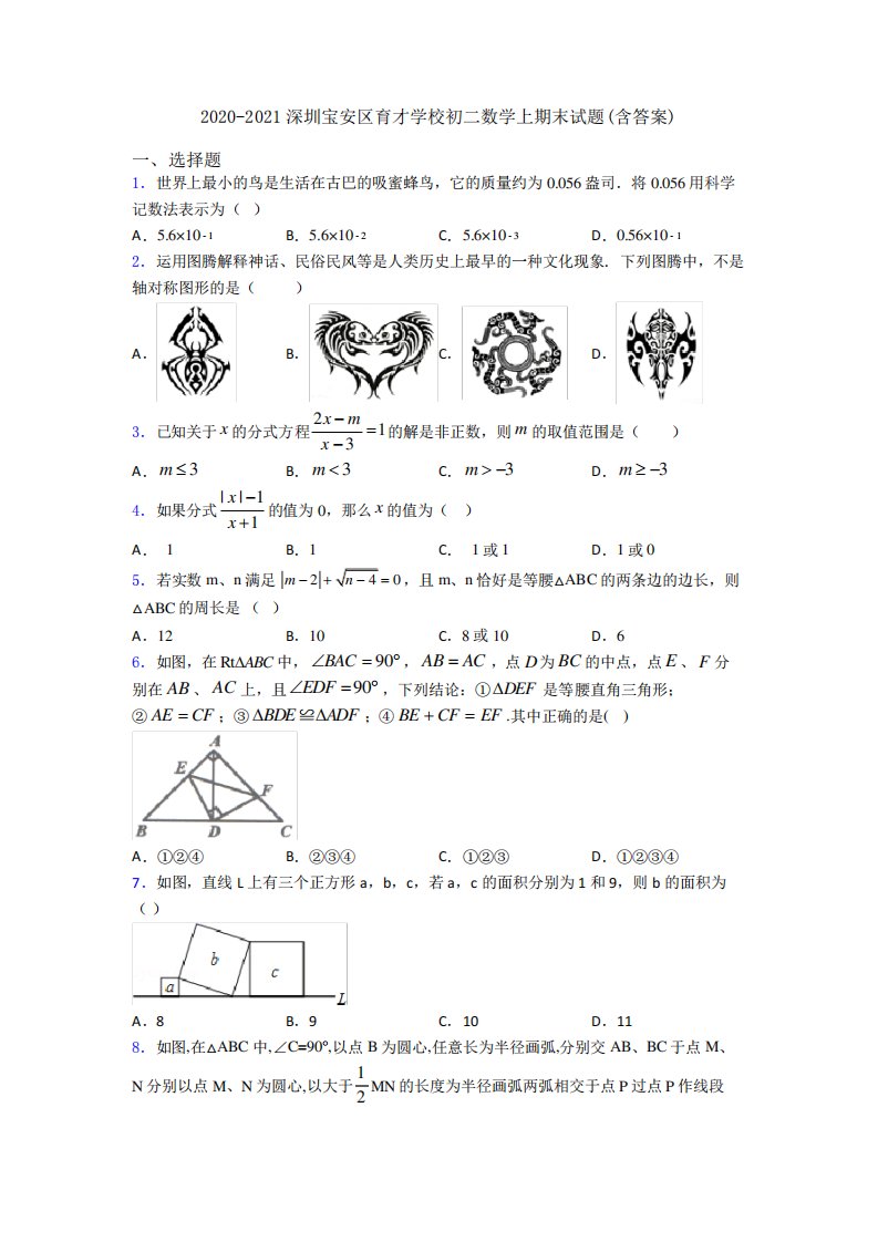 深圳宝安区育才学校初二数学上期末试题(含答案)