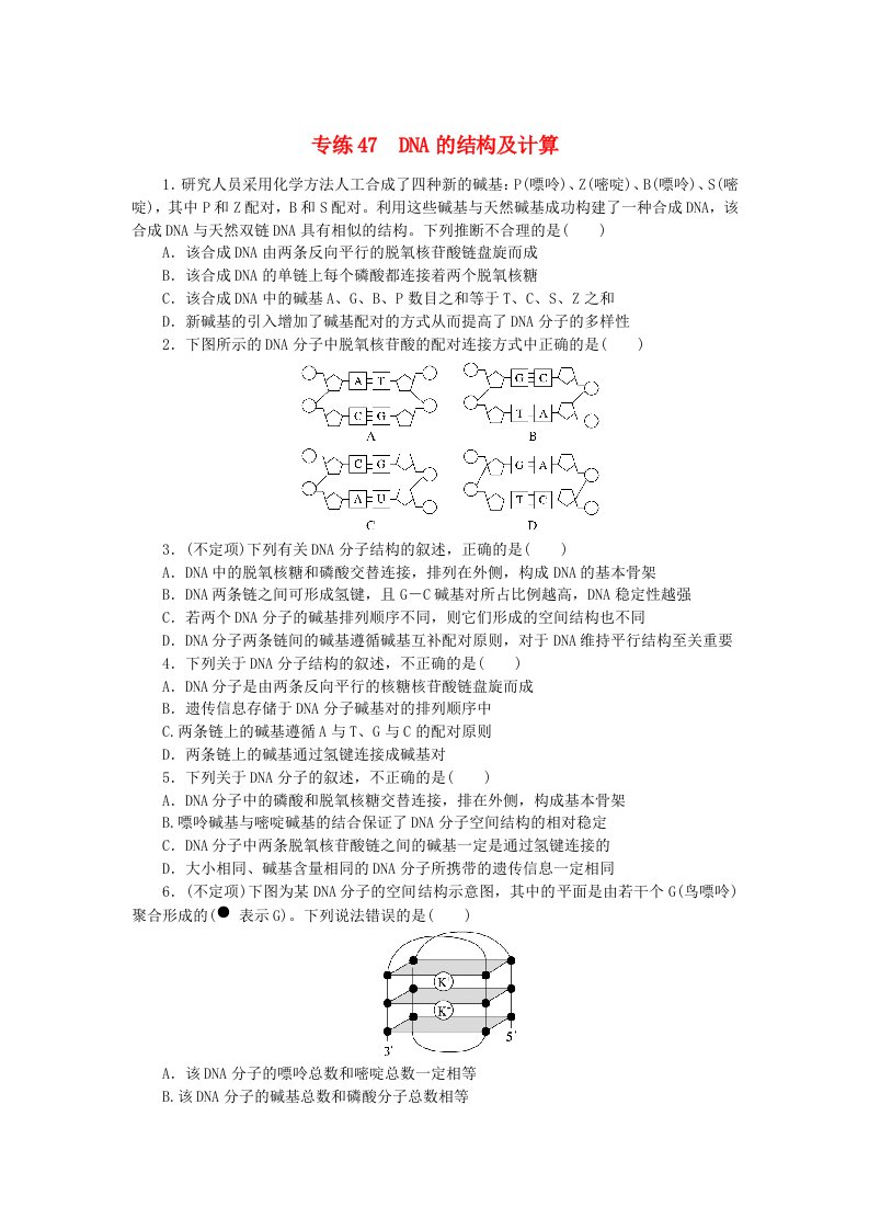 新高考2024版高考生物一轮复习微专题小练习专练47DNA的结构及计算