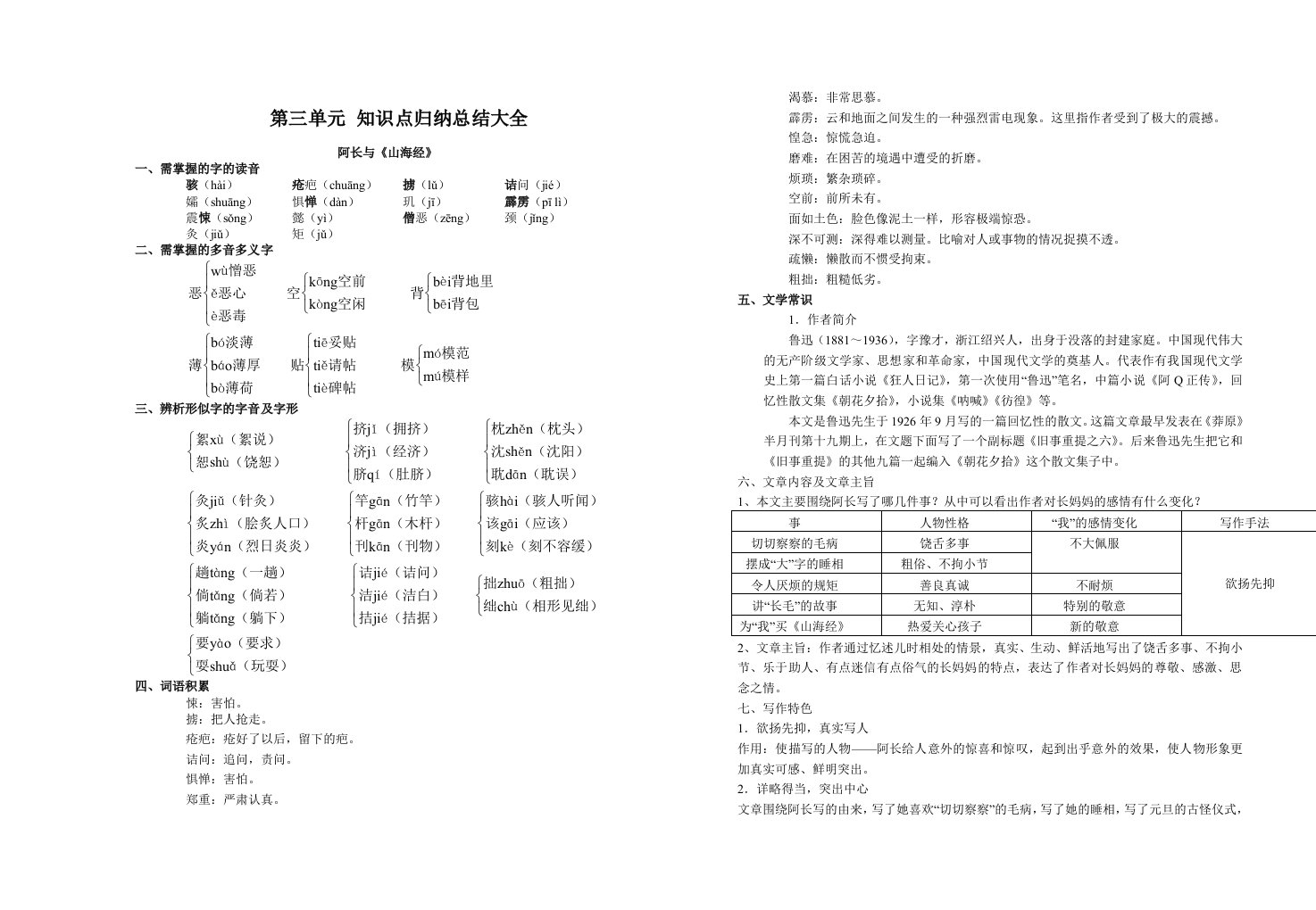 人教部编版七年级语文下册第三单元-知识点归纳总结大全