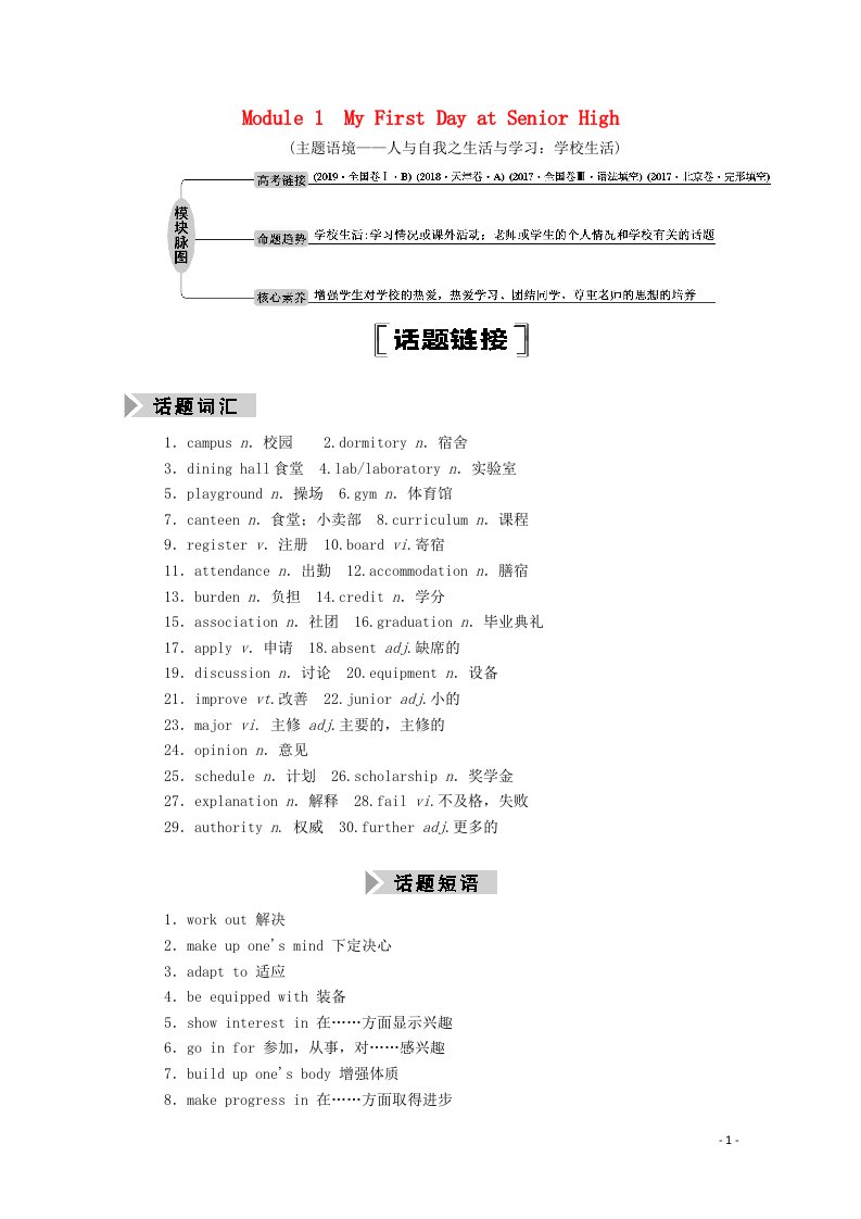 2021届高考英语一轮总复习Module1MyFirstDayatSeniorHigh教师用书教案外研版必修1