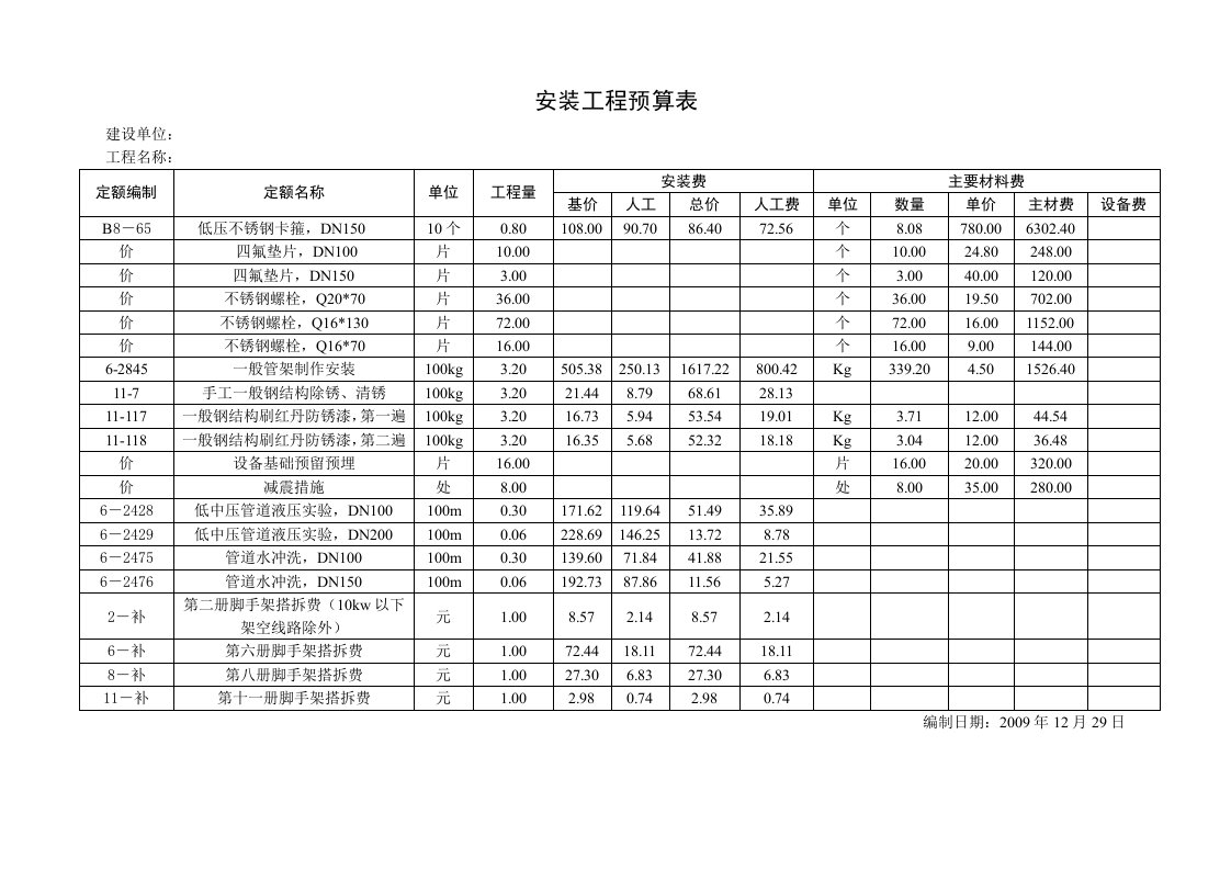 安装工程预算表2