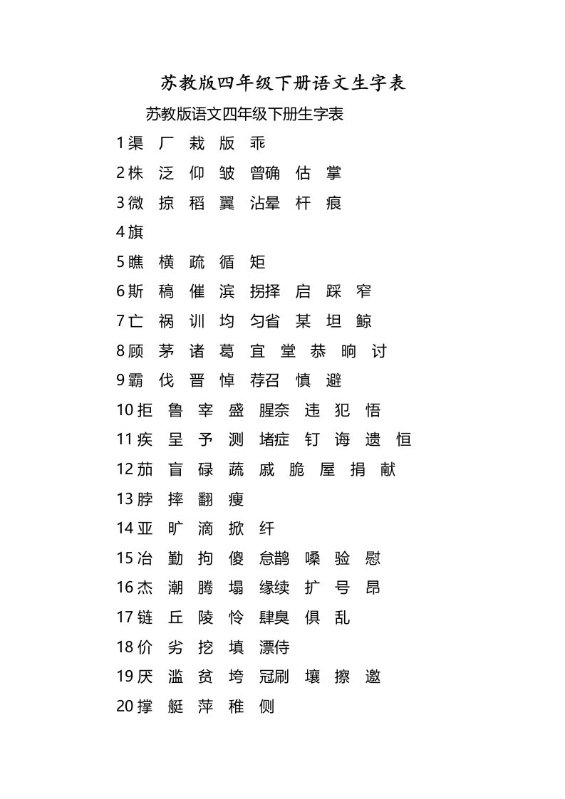 苏教版四年级下册语文生字表