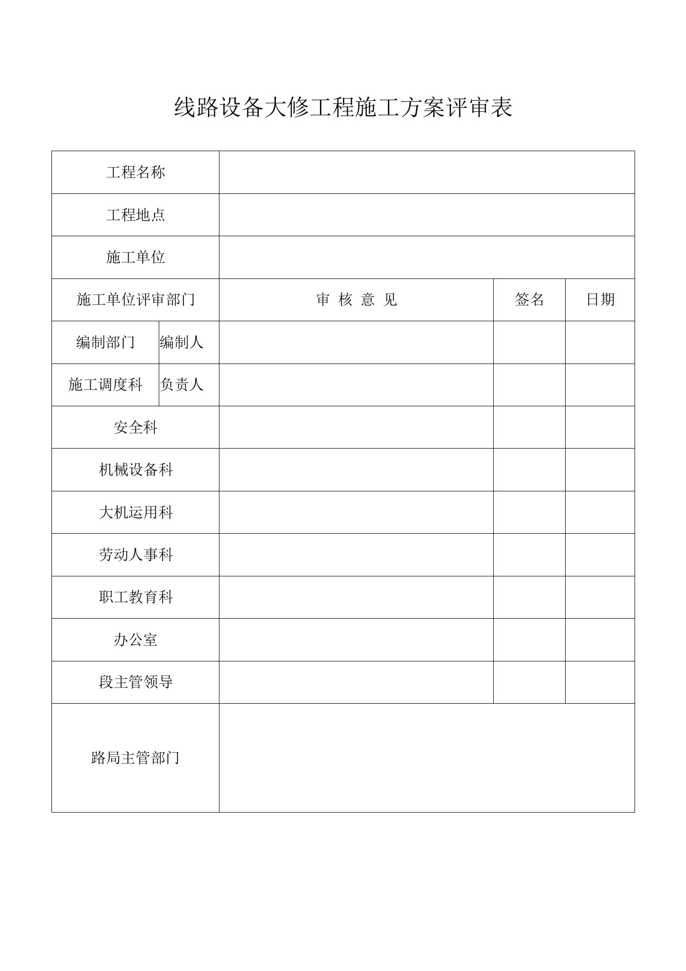 线路设备大修工程施工方案评审表